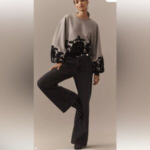 Anthropologie Velvet Applique Sweatshirt Floral Embroidery Grey Motif